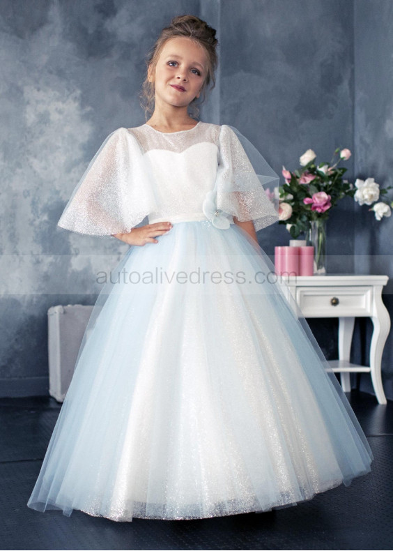 Cape Sleeve Blue Glitter Tulle Flower Girl Dress